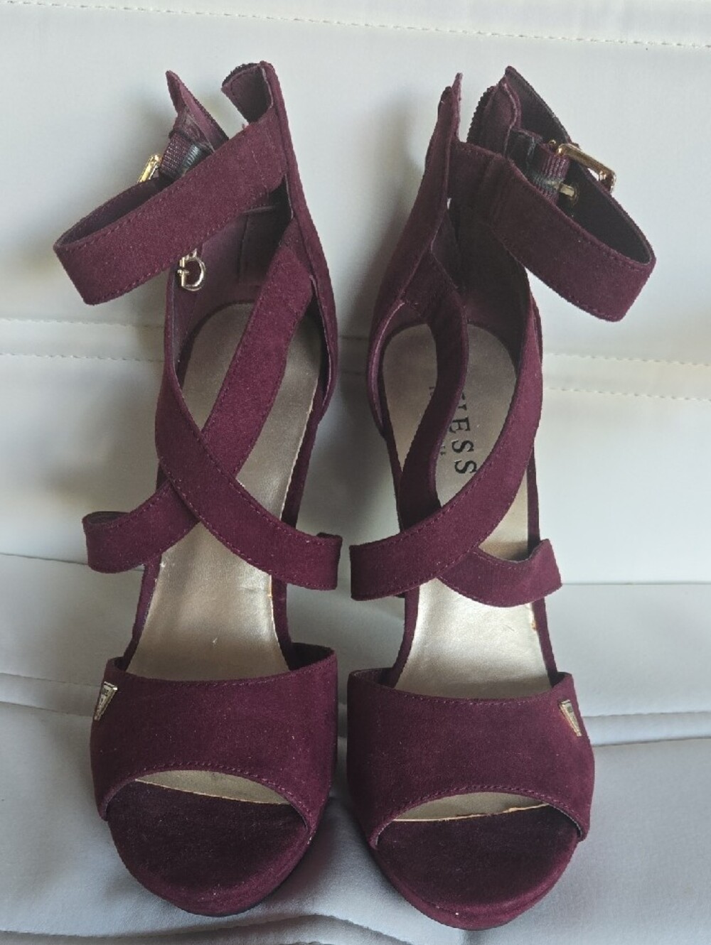 GUESS Women's Burgundy Suede Strappy High Heel Sandals with Gold Accent - Picture 5 of 5